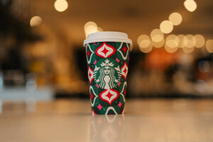 Starbucks holiday cup on place on the counter too