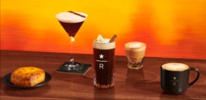A collage of Starbucks reserve food and beverages on an orange background