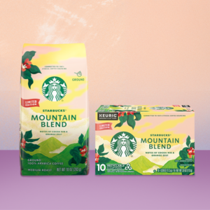Starbucks ground coffee mountain blend bag and k-cup pods next to each other