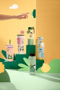 An assortment of cold cups and tumblers for Starbucks and Peanuts collaboration