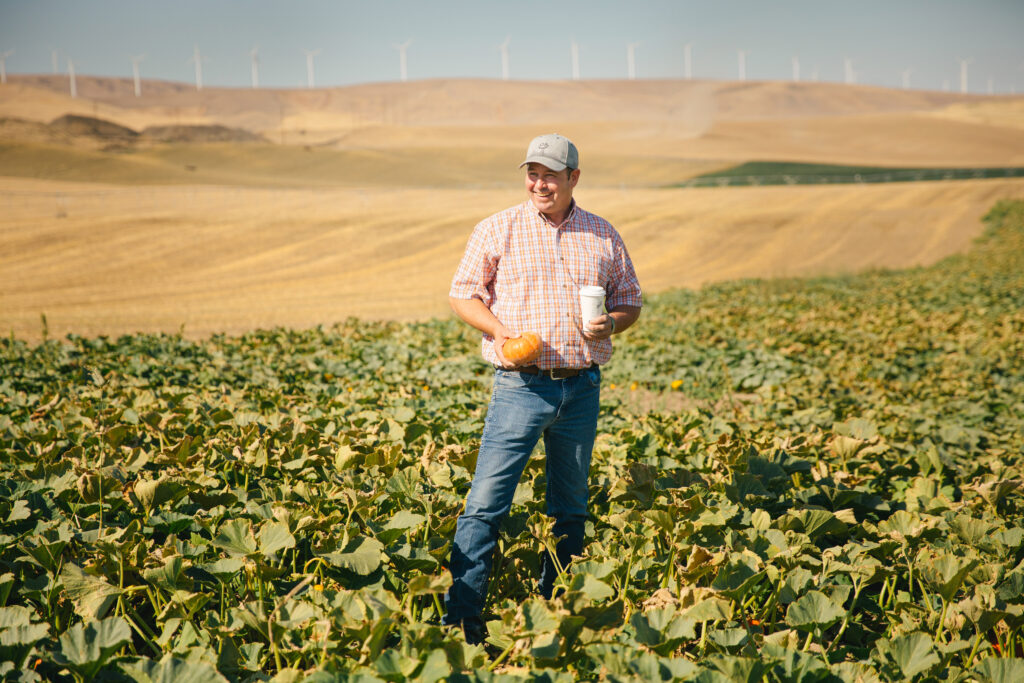 A man stands in a pumpkin field, holding a pumpkin in one hand and a coffee cup in the other, wearing a plaid shirt and cap. Wind turbines are visible in the background.