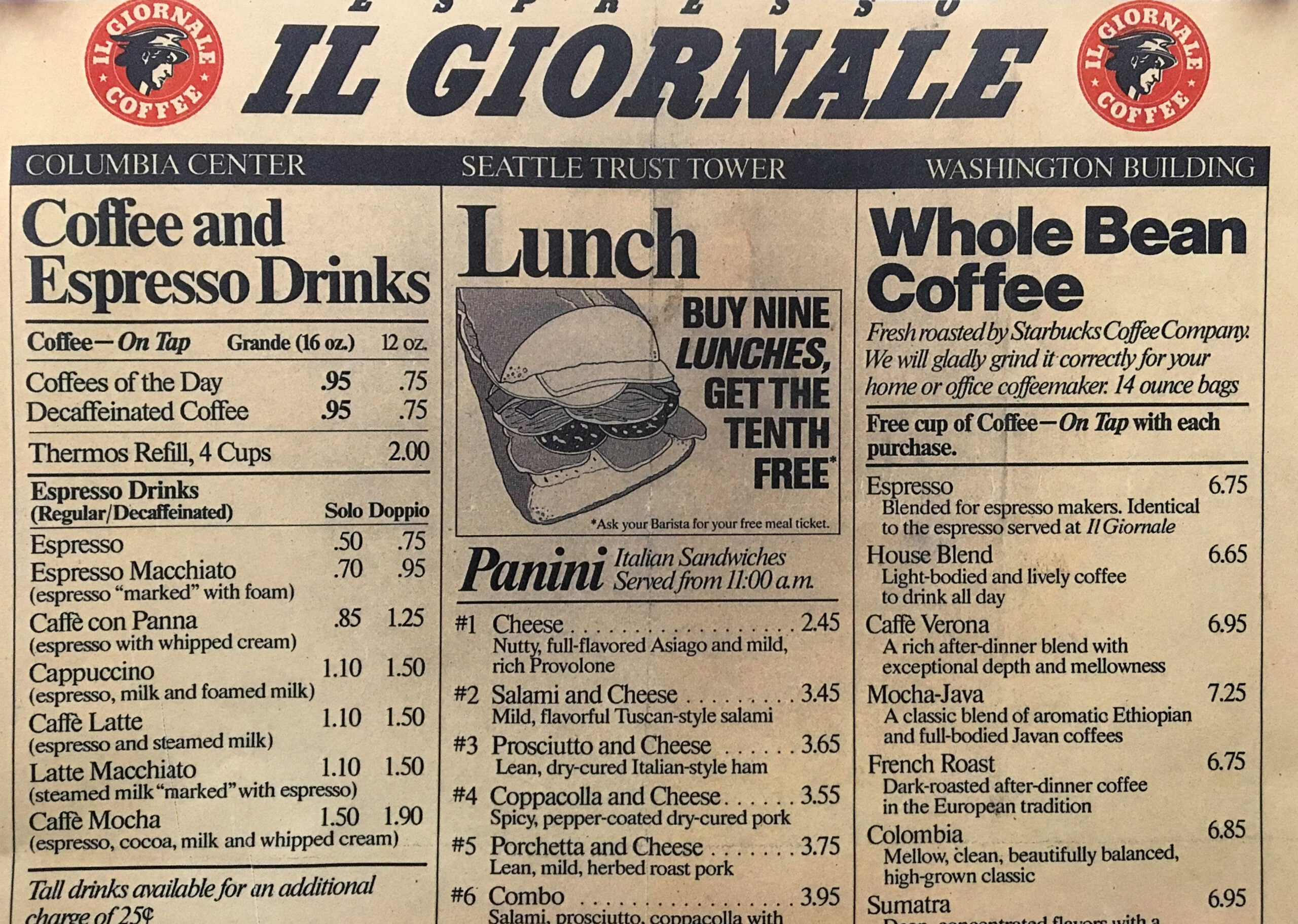 A menu from "Il Giornale" featuring coffee and lunch options. Highlights include various espresso drinks and Italian panini sandwiches, with prices listed. The lunch special offers a free meal after purchasing nine.