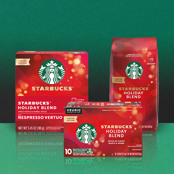 Three packages of Starbucks Holiday Blend coffee are displayed against a green background. The items include a Nespresso Vertuo box, a Keurig pod box, and a ground coffee bag, all featuring festive red designs with holiday-themed graphics.