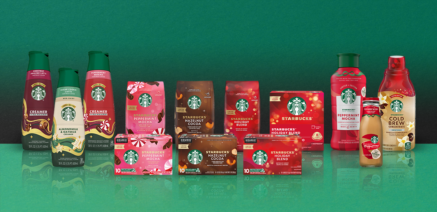 A variety of Starbucks products are displayed, including creamers, coffee blends, and cold brew concentrates, set against a green background.