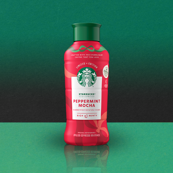 A bottle of Starbucks Peppermint Mocha, featuring a red design with a green cap. It’s labeled as a limited-edition chilled espresso beverage.