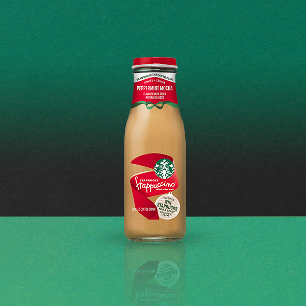 A bottle of Starbucks Peppermint Mocha Frappuccino, featuring a red cap and label, set against a gradient green and black background.