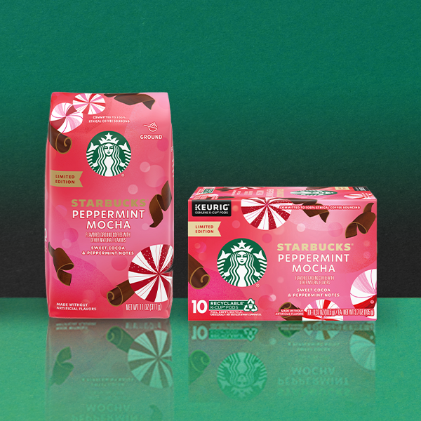 Two packages of Starbucks Peppermint Mocha are displayed against a green background. On the left is a bag of ground coffee, and on the right is a box of Keurig pods, both featuring festive peppermint designs.