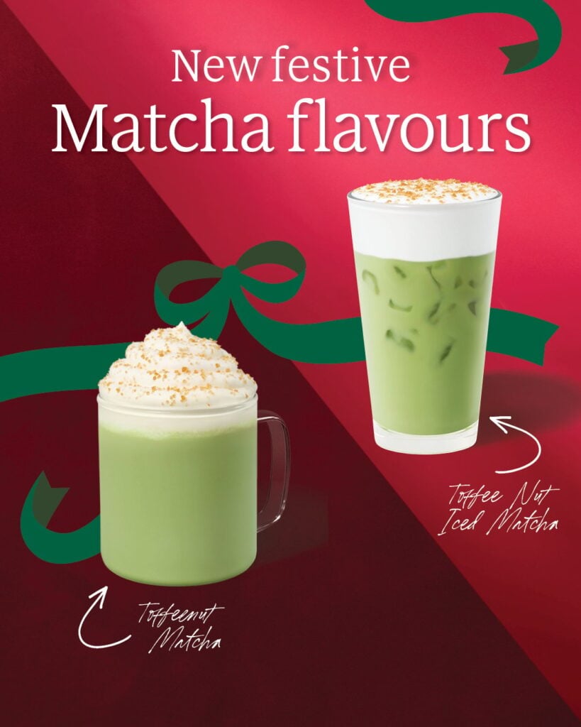 Two festive matcha drinks are featured: a creamy Toffee Nut Matcha in a mug topped with whipped cream and sprinkles, and a Toffee Nut Iced Matcha in a clear glass with ice. The background is a mix of red and green, enhancing the holiday theme.