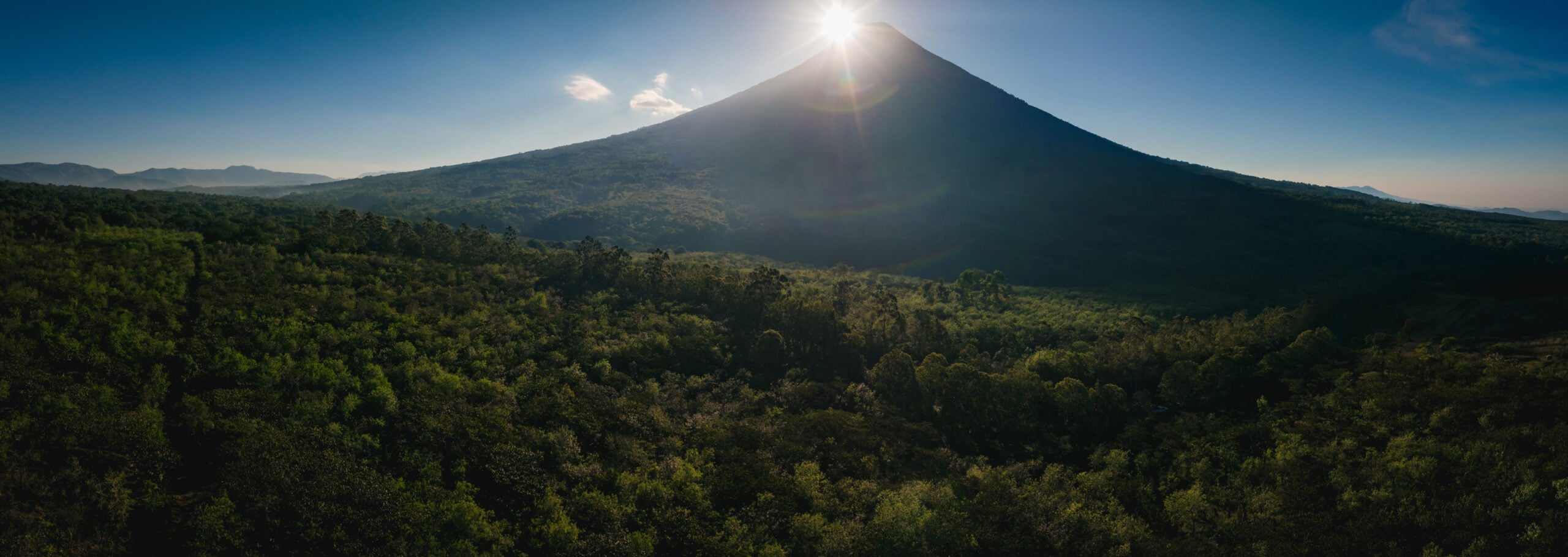A majestic mountain rises against a clear sky, with sunlight shining brightly at its peak. Lush greenery covers the lower slopes, creating a vibrant landscape.
