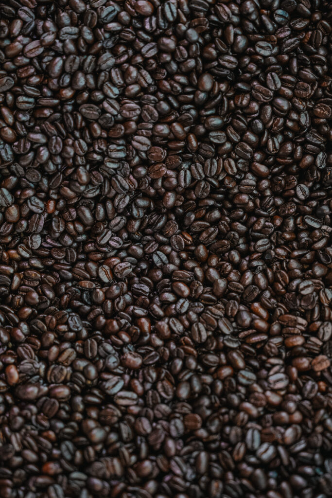 A close-up view of dark roasted coffee beans, showcasing their rich, glossy surface and varied shapes, densely packed together.