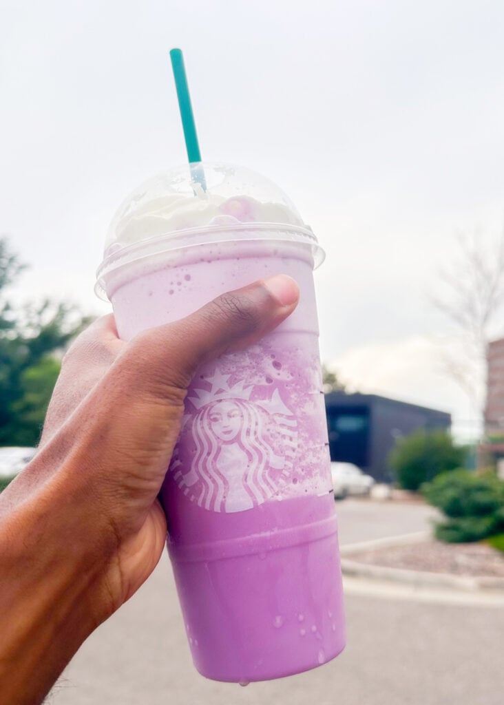 A hand holds a large, purple drink topped with whipped cream and a green straw. The background features a cloudy sky and greenery.