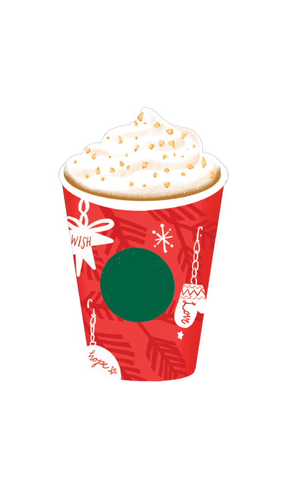 A festive red cup featuring holiday-themed decorations, topped with whipped cream and sprinkled with golden bits.