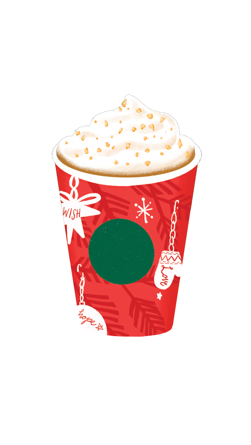 A festive red cup featuring holiday-themed decorations, topped with whipped cream and sprinkled with golden bits.