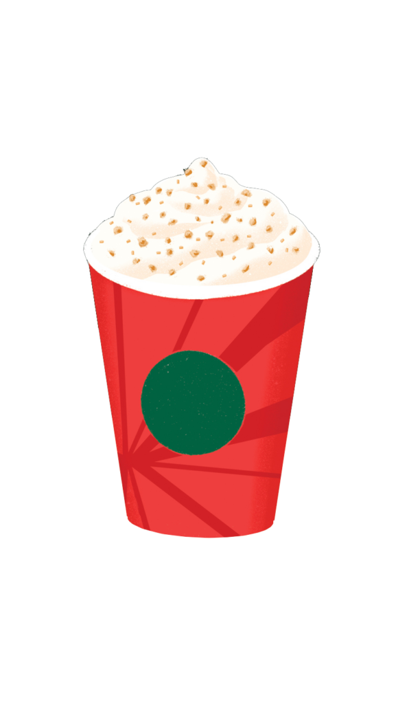 A festive red cup filled with whipped cream, topped with small sprinkles, and featuring a green circular design on the front.