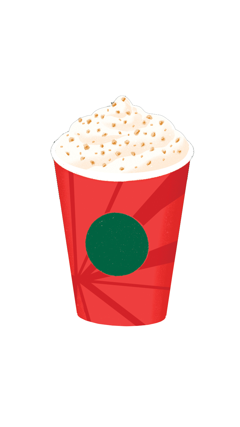 A festive red cup filled with whipped cream, topped with small sprinkles, and featuring a green circular design on the front.