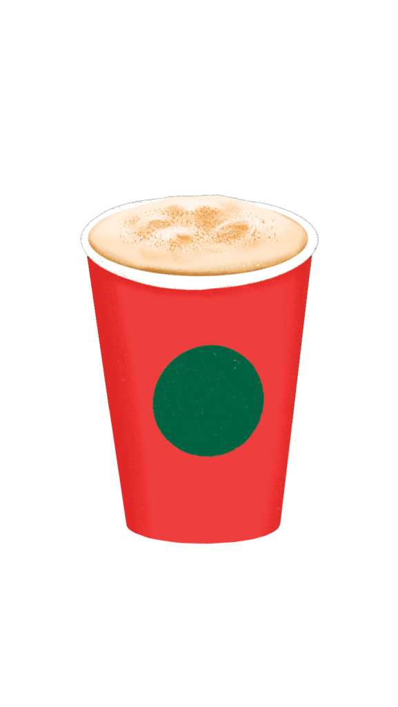 A red cup filled with a frothy beverage, topped with a sprinkle of cinnamon, features a green circle design on its side.