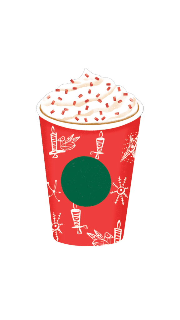 A festive red cup topped with whipped cream and red sprinkles, decorated with holiday-themed illustrations like candles and snowflakes.