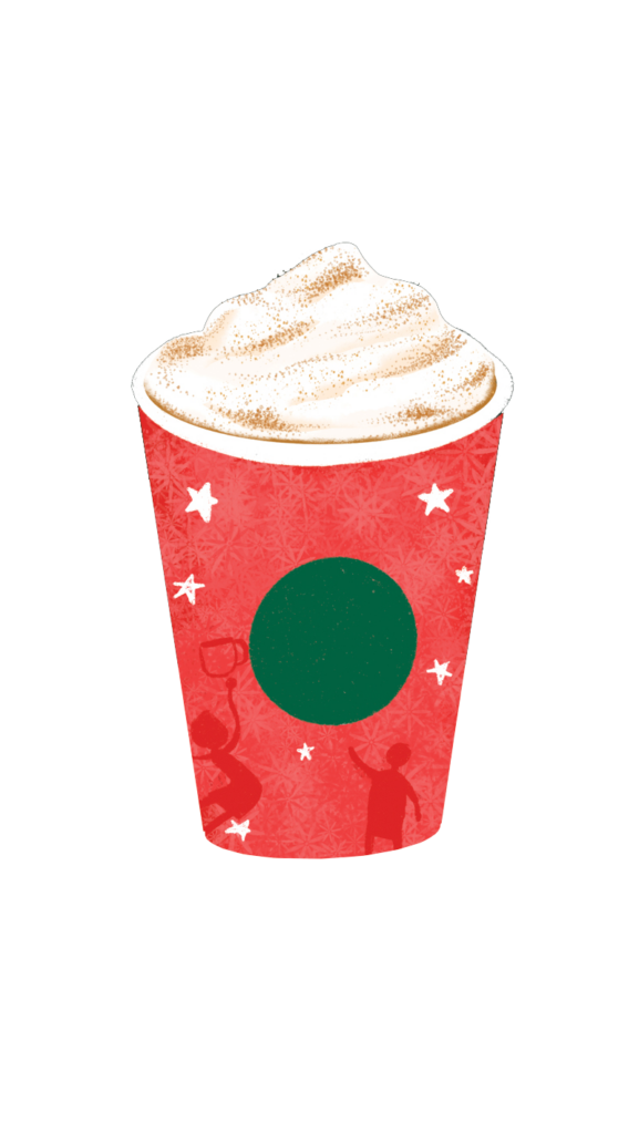 A festive red cup with a green circle design, topped with whipped cream and a sprinkle of cinnamon.