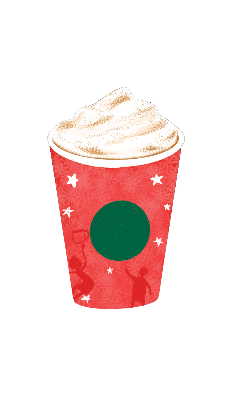 A festive red cup with a green circle design, topped with whipped cream and a sprinkle of cinnamon.