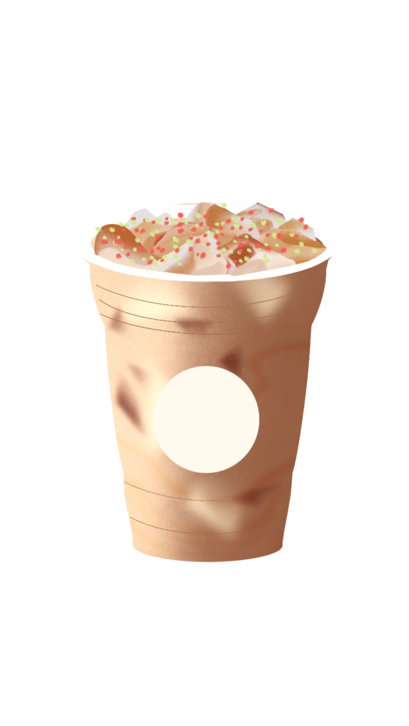 A stylized cup filled with a dessert, topped with whipped cream and colorful sprinkles. The cup has a smooth, metallic finish and a blank circular label.