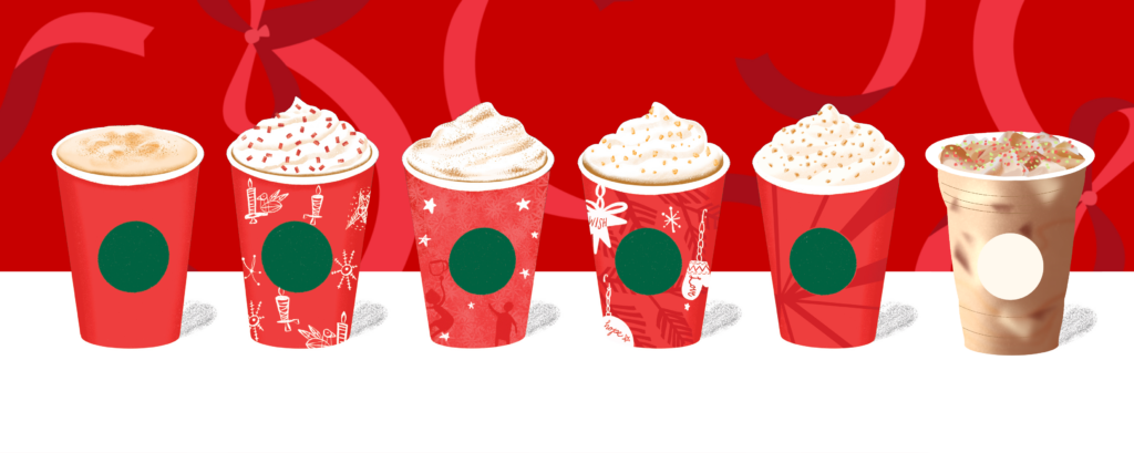 Four festive red cups with whipped cream and toppings are displayed against a red background. Each cup features unique holiday designs.