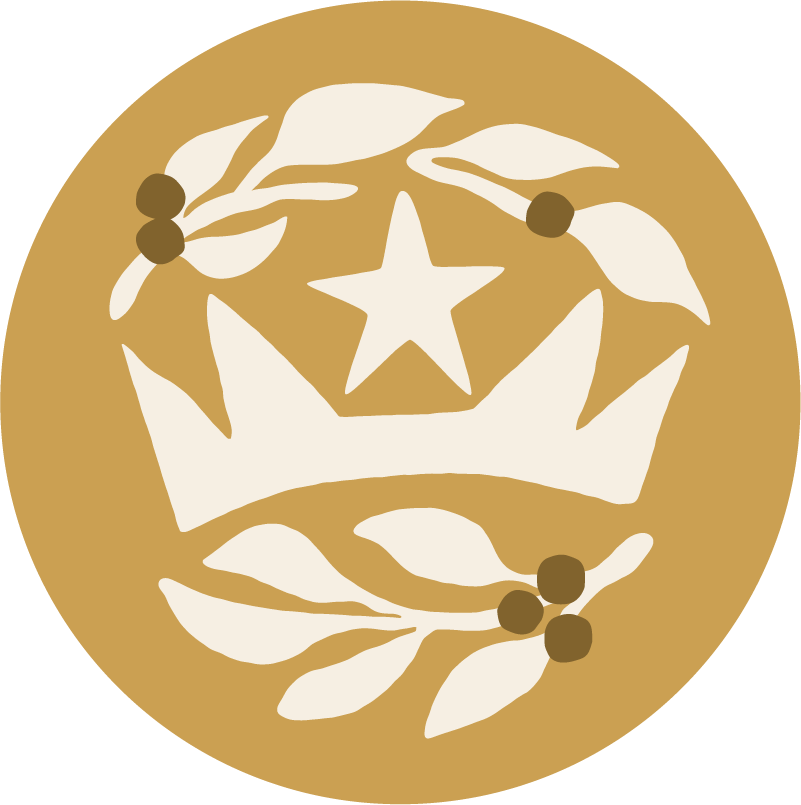 A circular emblem featuring a stylized crown with a star above it, surrounded by leaves and berries, all in a beige and gold color scheme.