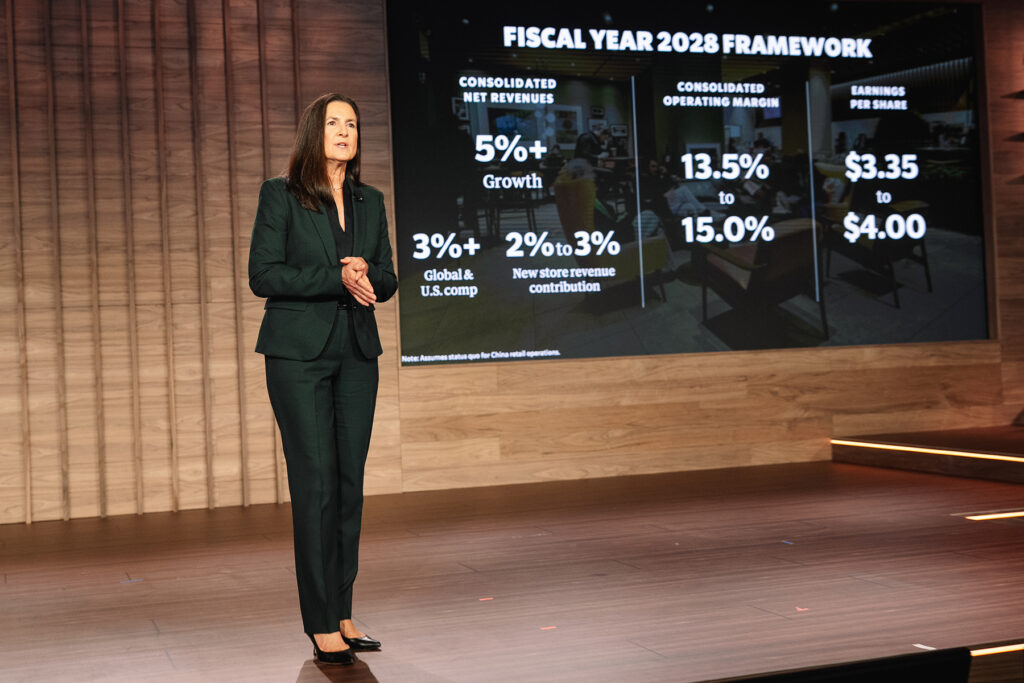 A woman in a dark suit stands on stage, presenting a fiscal year 2028 framework. A large screen behind her displays key financial metrics, including growth percentages and earnings per share. The setting features a modern design with wooden elements.