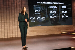 A woman in a dark suit stands on stage, presenting a fiscal year 2028 framework. A large screen behind her displays key financial metrics, including growth percentages and earnings per share. The setting features a modern design with wooden elements.