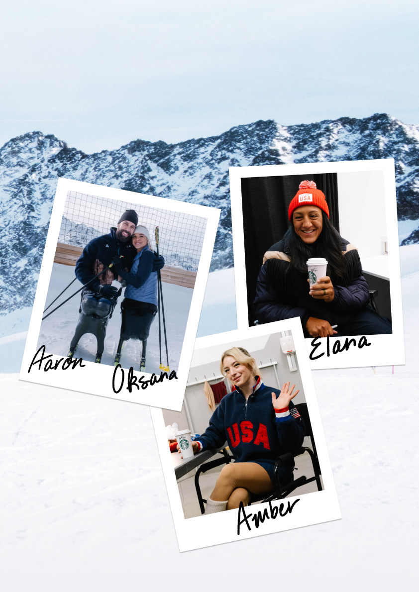 Three polaroid-style photos are displayed against a snowy mountain backdrop. The first shows a man and woman embracing, both dressed for winter sports. The second features a woman in a red beanie and jacket, holding a coffee cup. The third captures a woman in a blue sweater with "USA" printed on it, sitting at a table and waving.