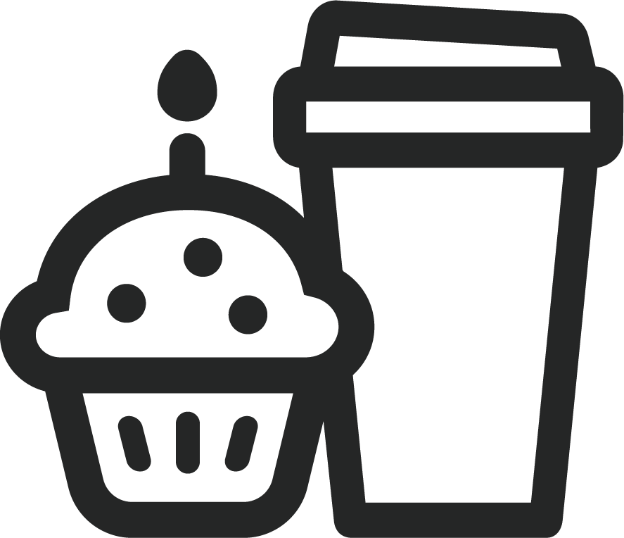 A cupcake with a candle on top is next to a takeout coffee cup. The design is simple and bold, emphasizing the treats.