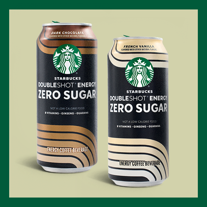 Two cans of Starbucks Doubleshot Energy Zero Sugar are displayed. One is dark chocolate flavored, and the other is French vanilla. Both feature the Starbucks logo and highlight their energy coffee beverage attributes.