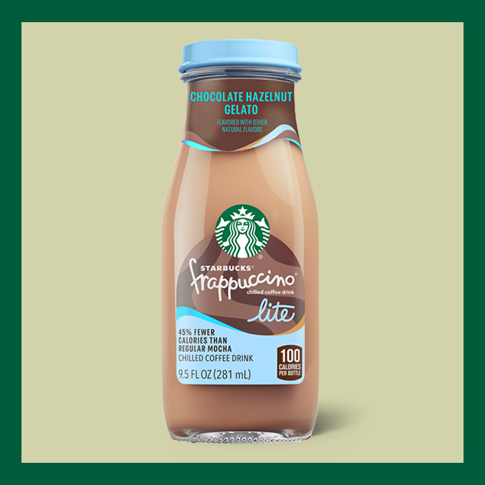 A bottle of Starbucks Frappuccino Lite featuring chocolate hazelnut gelato. It contains 100 calories and is 9.5 fl oz.