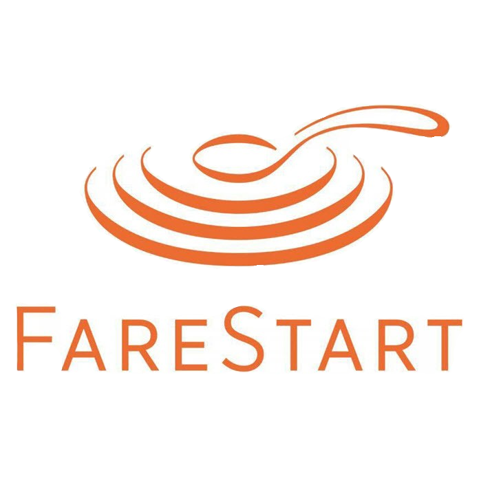 An orange logo featuring a stylized spoon above concentric circles, with the text "FareStart" below in a modern font.