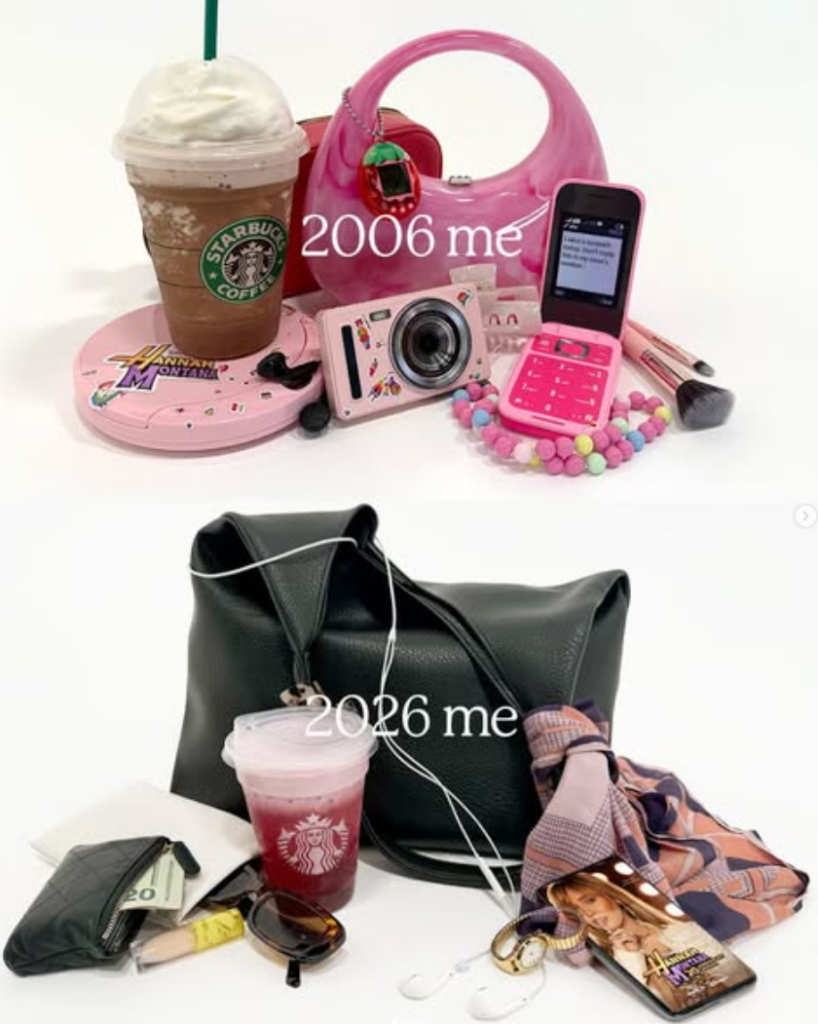 A comparison of two bags from different years: 2006 features a pink theme with a Starbucks drink, a flip phone, and a camera. 2026 shows a black bag with a Starbucks drink, sunglasses, and a phone, reflecting a more mature style.