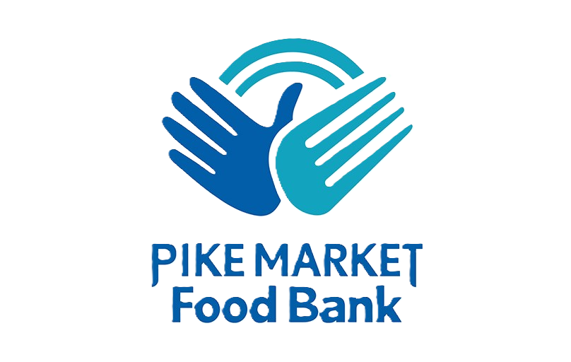 A logo featuring two stylized hands in blue and teal, forming a heart shape with a rainbow above. Below, the text reads "PIKE MARKET Food Bank.