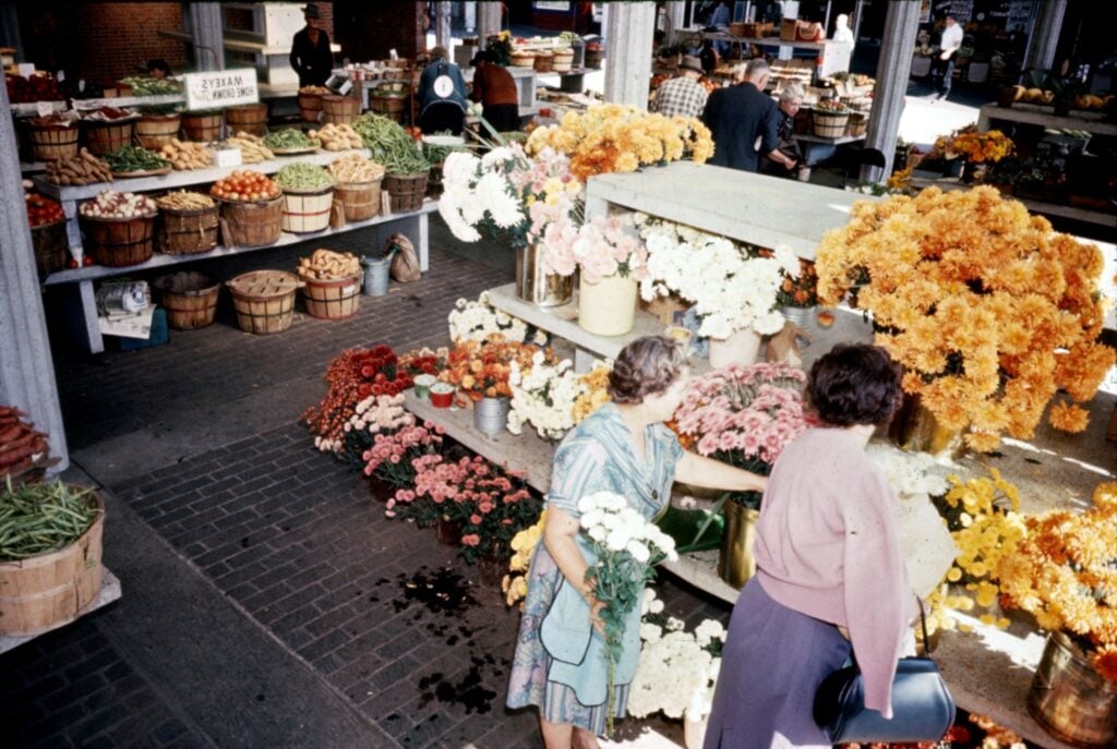 A vibrant market scene featuring colorful flower displays and fresh produce. Two women are selecting flowers, surrounded by baskets of fruits and vegetables.