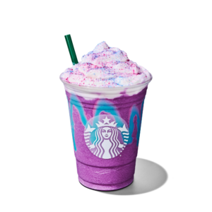 A vibrant purple frappuccino topped with whipped cream and colorful sprinkles, featuring a green straw and a Starbucks logo.