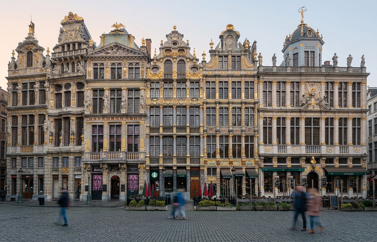 A row of ornate historical buildings with intricate facades, featuring gold accents and large windows, set in a cobblestone square.