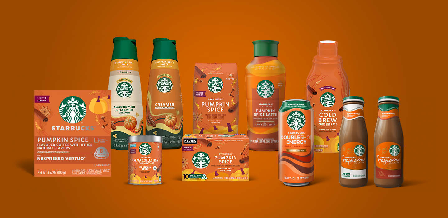 A variety of Starbucks pumpkin spice products are displayed, including flavored coffee, creamers, and ready-to-drink beverages, all set against an orange background.
