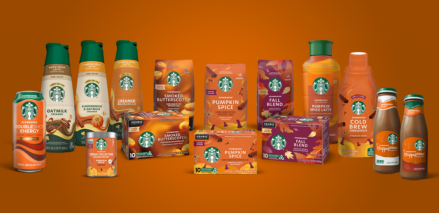 A variety of Starbucks products are displayed, including flavored creamers, ground coffee, and ready-to-drink beverages, all featuring autumn themes like pumpkin spice and smoked butterscotch. The background is a warm orange, enhancing the seasonal appeal.