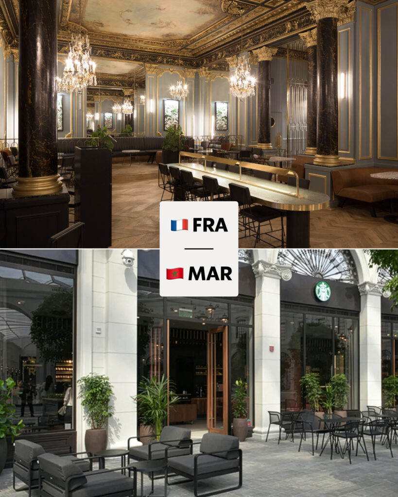 The top image features an elegant café with ornate decor, chandeliers, and a stylish bar area. The bottom image shows a modern Starbucks storefront with outdoor seating and greenery.