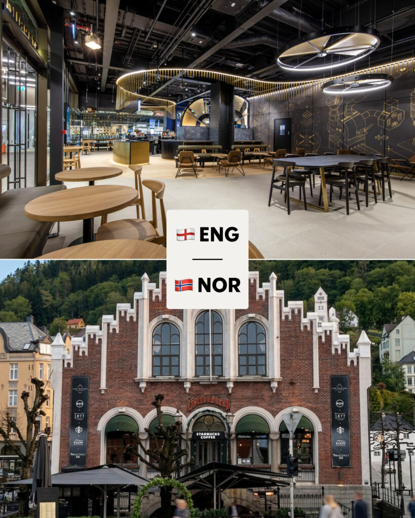 A modern café interior features sleek furniture, large circular lights, and a stylish bar area. Below, a historic brick building with pointed arches houses a Starbucks, surrounded by trees and outdoor seating.
