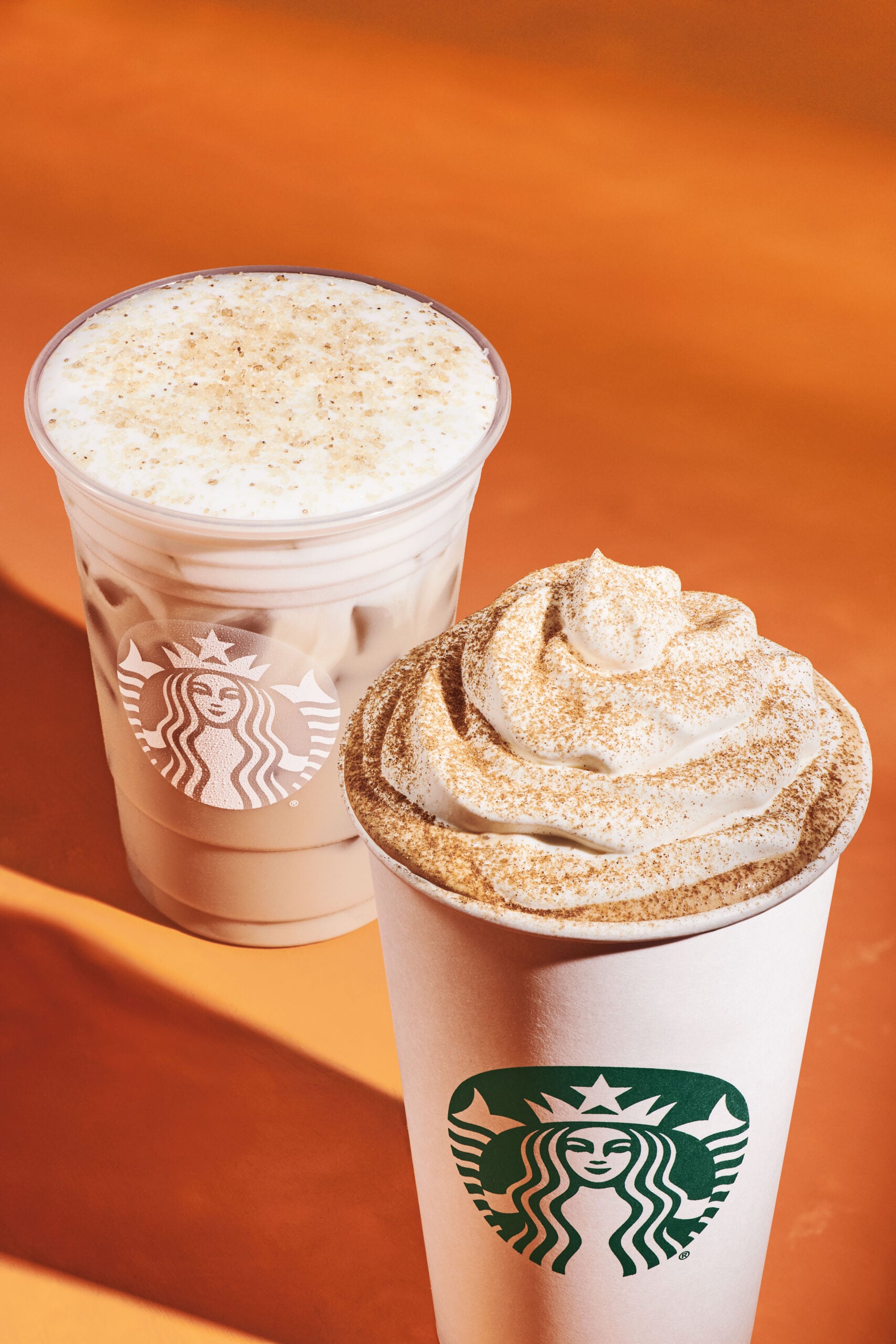 Two coffee drinks are displayed against an orange background. On the left, an iced drink in a clear cup topped with foam and sugar. On the right, a hot drink in a paper cup with whipped cream and a dusting of cinnamon. Both feature the Starbucks logo.